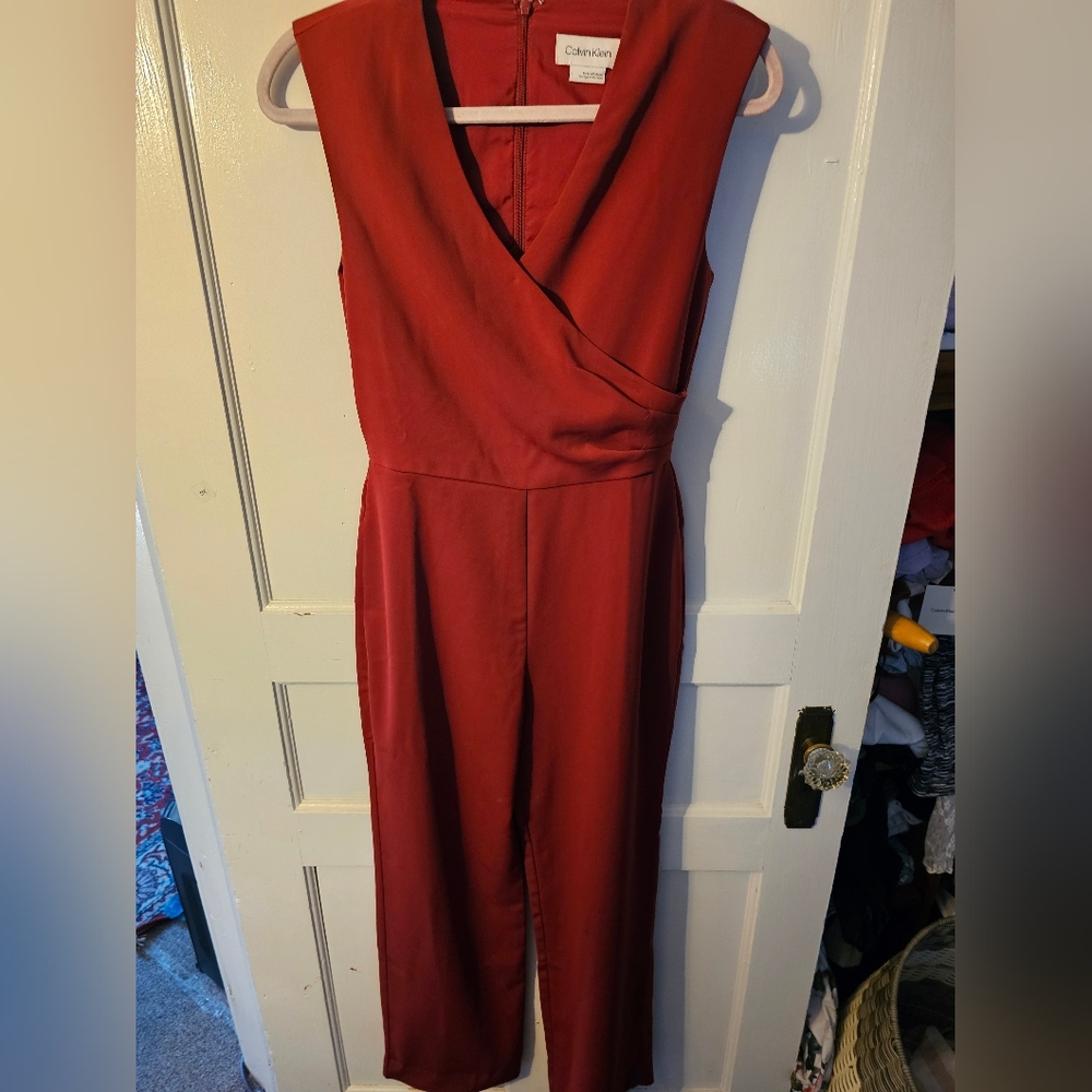 Calvin Klein Red Jumpsuit with Wrap Bodice and V-Neckline